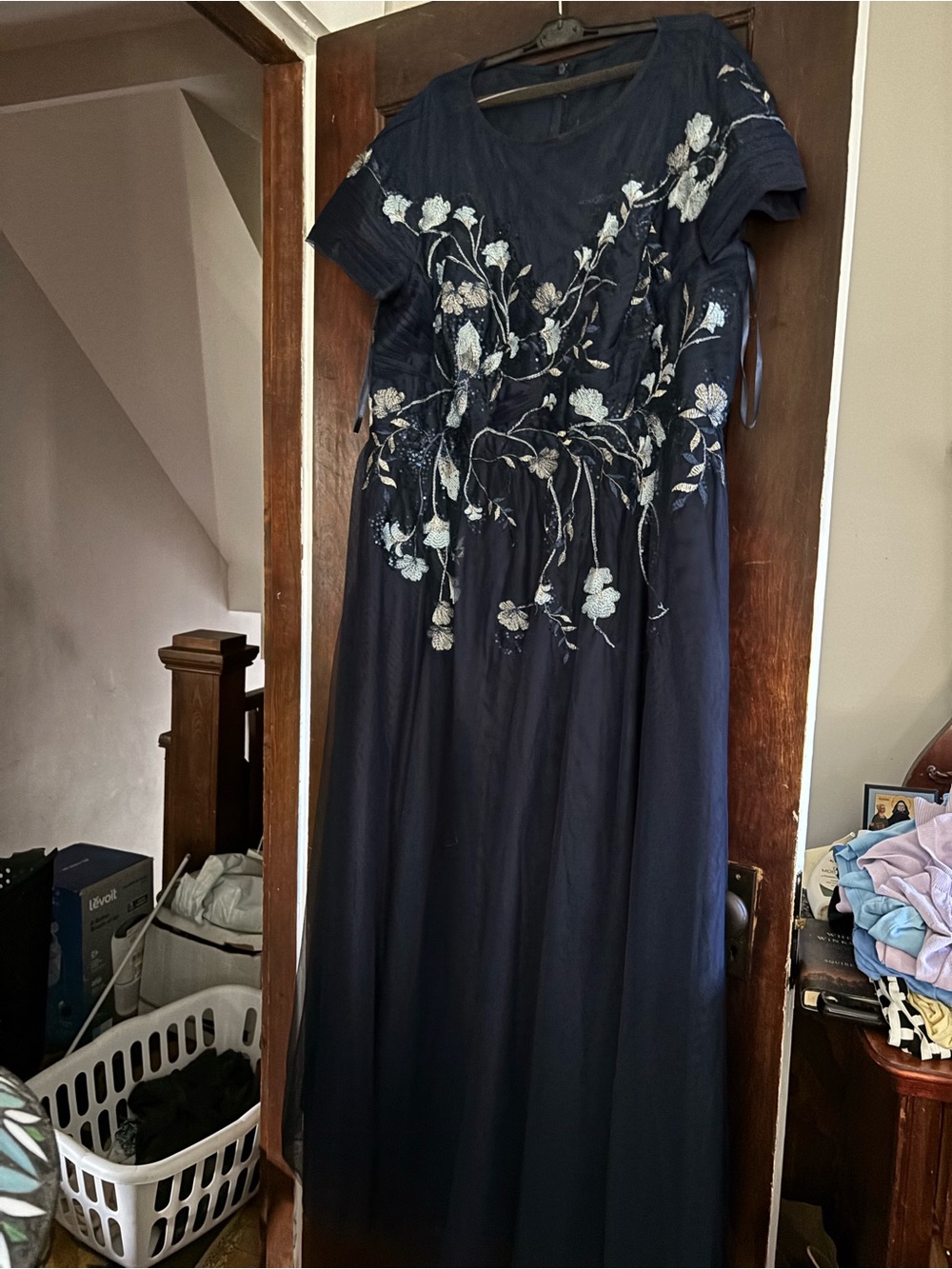 Betsy & Adam Navy Maxi Dress with Ivory Floral Embroidery
